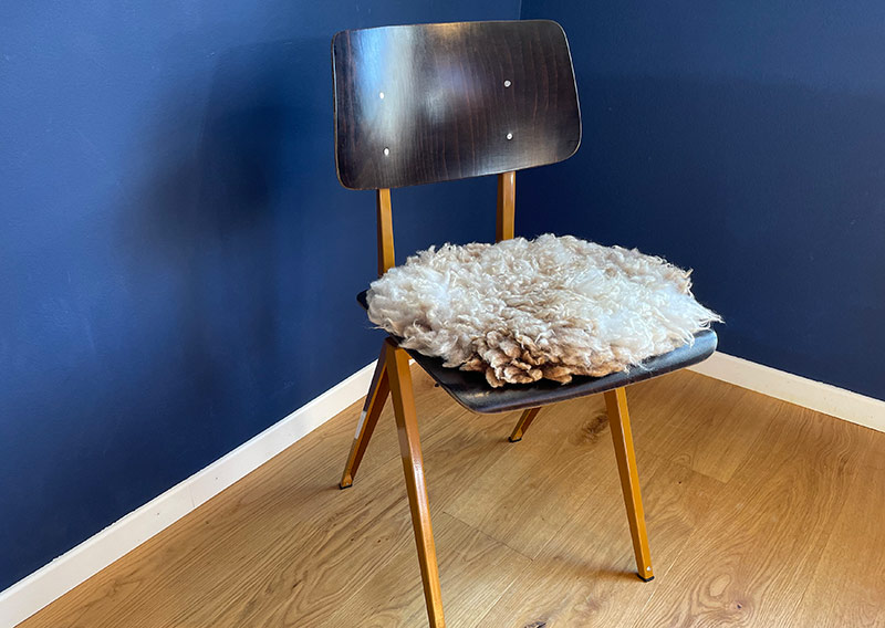 Gutschein – Fellfilzen Workshop: Vier kleine Schafwoll-Sitzfelle filzen. Tagesworkshop von 8-19 Uhr. Inklusive Verpflegung und sämtliches Material. Keine Vorkenntnisse nötig. Du hast in diesem Workshop Zeit um vier kleine runde Schafwollfelle zu filzen. Passend für Stühle. Ein weiches, flauschiges Fell bereichert jede Seele und verströmt die richtige Portion «Gemütlichkeit» in deinem Zuhause. Gefilzte Felle sind Zeugen vom freien Leben der Schafe, sie sind pur, natürlich und aus 100 % Wolle, ganz ohne Leder. Ich bringe dir Schritt für Schritt bei, wie du ein eigenes, handgefertigtes Schaffell herstellst. Dabei werden wir die geschorene, unbehandelte Rohwolle von glücklichen Schafen mit Wasser und Seife so verarbeiten, dass ihre Felloptik möglichst erhalten bleibt. Die Rückseite darfst du individuell gestalten. Fellfilzen ist ein schmutziger aber sinnlicher Job.