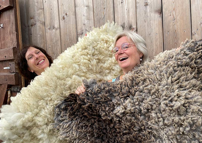 Gutschein – Fellfilzen Workshop: Ein ganzes Schafwollfell filzen. Tagesworkshop von 8-19 Uhr. Inklusive Verpflegung und sämtliches Material. Keine Vorkenntnisse nötig. Du hast in diesem Workshop Zeit um ein grosses Schafwollfell zu filzen (Wolle von einem ganzen Schaf). Ein weiches, flauschiges Fell bereichert jede Seele und verströmt die richtige Portion «Gemütlichkeit» in deinem Zuhause. Gefilzte Felle sind Zeugen vom freien Leben der Schafe, sie sind pur, natürlich und aus 100 % Wolle, ganz ohne Leder. Ich bringe dir Schritt für Schritt bei, wie du ein eigenes, handgefertigtes Schaffell herstellst. Dabei werden wir die geschorene, unbehandelte Rohwolle von glücklichen Schafen mit Wasser und Seife so verarbeiten, dass ihre Felloptik möglichst erhalten bleibt. Die Rückseite darfst du individuell gestalten. Fellfilzen ist ein schmutziger aber sinnlicher Job.