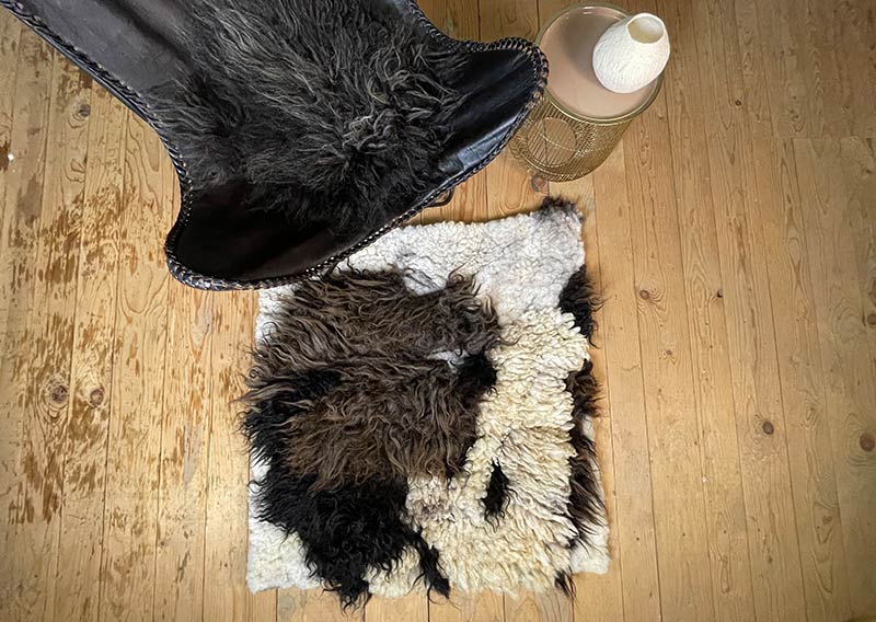 Filzfell aus drei Schafrassen – Ein kunstvolles Unikat.
Dieses aussergewöhnliche Filzfell vereint die Wolle von drei verschiedenen Schafrassen zu einem harmonischen Kunstwerk. Die dunklen, langen Strähnen des Ouessantschafs (ZH) bilden den Mittelpunkt, umrahmt vom tiefschwarzen, leicht gelockten Walliser Landschaf (VS) und dem knuffig-weichen, elfenbeinfarbenen Spiegelschaf (GR). Die Mischung aus Farben und Strukturen macht dieses Stück einzigartig.

Ob als Fellteppich im Wohnbereich, gemütliche Sofadecke oder wärmende Spiel- und Leseoase auf kalten Böden – dieses handgefertigte Unikat bringt Wärme und Charakter in dein Zuhause. Die graue Filzrückseite sorgt für Stabilität und Robustheit, während eine liebevoll gestaltete Eule darauf das Design abrundet.

Ein kunstvolles Naturstück, das nicht nur gemütlich, sondern auch ein echter Blickfang ist.