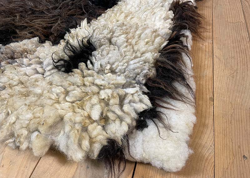 Filzfell aus drei Schafrassen – Ein kunstvolles Unikat.
Dieses aussergewöhnliche Filzfell vereint die Wolle von drei verschiedenen Schafrassen zu einem harmonischen Kunstwerk. Die dunklen, langen Strähnen des Ouessantschafs (ZH) bilden den Mittelpunkt, umrahmt vom tiefschwarzen, leicht gelockten Walliser Landschaf (VS) und dem knuffig-weichen, elfenbeinfarbenen Spiegelschaf (GR). Die Mischung aus Farben und Strukturen macht dieses Stück einzigartig.

Ob als Fellteppich im Wohnbereich, gemütliche Sofadecke oder wärmende Spiel- und Leseoase auf kalten Böden – dieses handgefertigte Unikat bringt Wärme und Charakter in dein Zuhause. Die graue Filzrückseite sorgt für Stabilität und Robustheit, während eine liebevoll gestaltete Eule darauf das Design abrundet.

Ein kunstvolles Naturstück, das nicht nur gemütlich, sondern auch ein echter Blickfang ist.