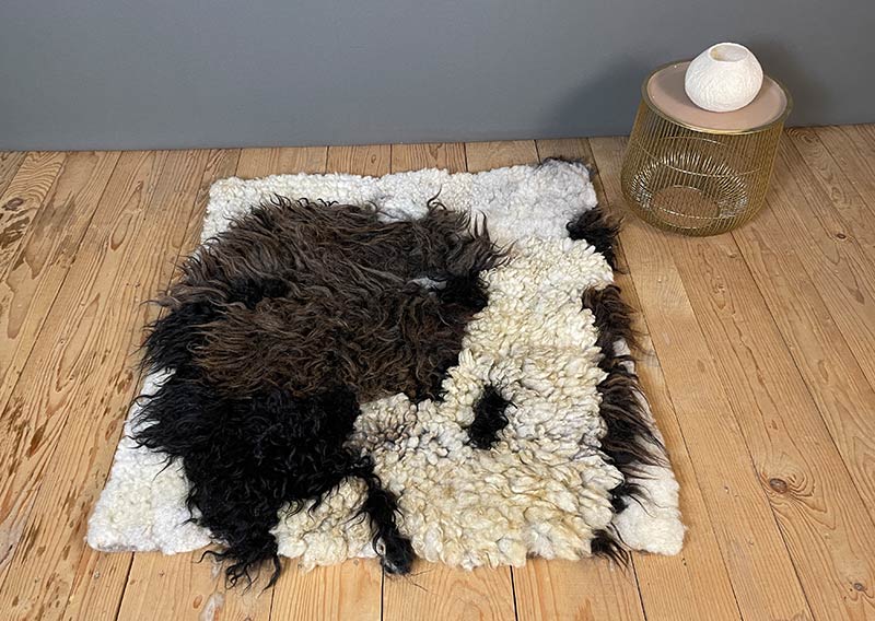 Filzfell aus drei Schafrassen – Ein kunstvolles Unikat.
Dieses aussergewöhnliche Filzfell vereint die Wolle von drei verschiedenen Schafrassen zu einem harmonischen Kunstwerk. Die dunklen, langen Strähnen des Ouessantschafs (ZH) bilden den Mittelpunkt, umrahmt vom tiefschwarzen, leicht gelockten Walliser Landschaf (VS) und dem knuffig-weichen, elfenbeinfarbenen Spiegelschaf (GR). Die Mischung aus Farben und Strukturen macht dieses Stück einzigartig.

Ob als Fellteppich im Wohnbereich, gemütliche Sofadecke oder wärmende Spiel- und Leseoase auf kalten Böden – dieses handgefertigte Unikat bringt Wärme und Charakter in dein Zuhause. Die graue Filzrückseite sorgt für Stabilität und Robustheit, während eine liebevoll gestaltete Eule darauf das Design abrundet.

Ein kunstvolles Naturstück, das nicht nur gemütlich, sondern auch ein echter Blickfang ist.