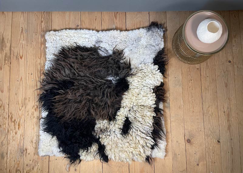 Filzfell aus drei Schafrassen – Ein kunstvolles Unikat.
Dieses aussergewöhnliche Filzfell vereint die Wolle von drei verschiedenen Schafrassen zu einem harmonischen Kunstwerk. Die dunklen, langen Strähnen des Ouessantschafs (ZH) bilden den Mittelpunkt, umrahmt vom tiefschwarzen, leicht gelockten Walliser Landschaf (VS) und dem knuffig-weichen, elfenbeinfarbenen Spiegelschaf (GR). Die Mischung aus Farben und Strukturen macht dieses Stück einzigartig.

Ob als Fellteppich im Wohnbereich, gemütliche Sofadecke oder wärmende Spiel- und Leseoase auf kalten Böden – dieses handgefertigte Unikat bringt Wärme und Charakter in dein Zuhause. Die graue Filzrückseite sorgt für Stabilität und Robustheit, während eine liebevoll gestaltete Eule darauf das Design abrundet.

Ein kunstvolles Naturstück, das nicht nur gemütlich, sondern auch ein echter Blickfang ist.