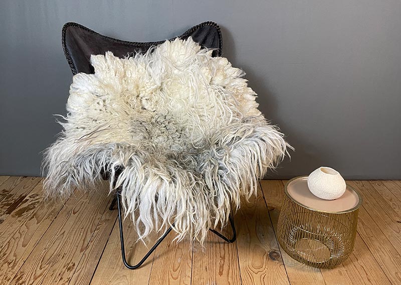 Die Wilde. 
Dieses besondere Filzfell stammt vom Drenthe Heideschaf – ursprünglich, lebendig und zugleich überraschend weich.
An den Rändern habe ich es mit feiner Romneywolle ergänzt – ein harmonisches Zusammenspiel aus Natürlichkeit und Eleganz.

Das Fell begeistert mit seinen langen, leicht gewellten Haaren in Holunderblütenweiss und Nebelgrau, durchzogen von silbrigen Schattierungen, die je nach Licht schimmern.
Ein echtes Liebhaberstück mit charaktervollem Charme – perfekt für die Gartenbank, den Lesesessel oder einfach als Blickfang in deinem Zuhause.

Wichtig zu wissen: Dieses Naturfell ist lebendig in seiner Ausstrahlung – beim Durchkämmen mit den Fingern können einige Haare zurückbleiben. Das macht es umso authentischer und verleiht ihm den Zauber, als hätte man ein kleines Stück Natur bei sich zu Hause.
Optisch bleibt „Die Wilde“ immer in Bestform und wird dich lange begleiten.