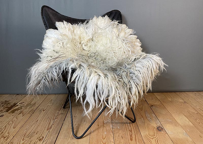 Die Wilde. 
Dieses besondere Filzfell stammt vom Drenthe Heideschaf – ursprünglich, lebendig und zugleich überraschend weich.
An den Rändern habe ich es mit feiner Romneywolle ergänzt – ein harmonisches Zusammenspiel aus Natürlichkeit und Eleganz.

Das Fell begeistert mit seinen langen, leicht gewellten Haaren in Holunderblütenweiss und Nebelgrau, durchzogen von silbrigen Schattierungen, die je nach Licht schimmern.
Ein echtes Liebhaberstück mit charaktervollem Charme – perfekt für die Gartenbank, den Lesesessel oder einfach als Blickfang in deinem Zuhause.

Wichtig zu wissen: Dieses Naturfell ist lebendig in seiner Ausstrahlung – beim Durchkämmen mit den Fingern können einige Haare zurückbleiben. Das macht es umso authentischer und verleiht ihm den Zauber, als hätte man ein kleines Stück Natur bei sich zu Hause.
Optisch bleibt „Die Wilde“ immer in Bestform und wird dich lange begleiten.