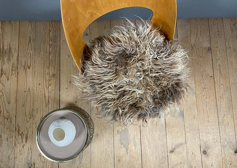 Haselnuss-Honig – Sitzkissen vom Walliser Landschaf.
Manchmal braucht es einfach ein bisschen mehr – mehr Flausch, mehr Wärme, mehr Raum zum Durchatmen. Dieses Sitzfell in Haselnuss-Honig hat Fasern, die bis zu 15 cm lang tanzen dürfen – robust, lebendig und mit einer Prise Wildheit.

Gefilzt aus der Wolle des Walliser Landschafs, einer alten Schweizer Rasse, die von ProSpecieRara erhalten und gefördert wird. Diese genügsamen, wetterfesten Schafe grasen auf den Bergweiden und Alpen – ihr Fell erzählt Geschichten von Wind, Sonne und Fels.

Das Sitzkissen ist etwas grösser im Durchmesser, perfekt für Sessel oder Stühle mit grosszügigerer Sitzfläche.
Ein Stück Bergnatur – zum Draufsitzen, Durchatmen und die Seele im Haselnusslicht baumeln lassen.